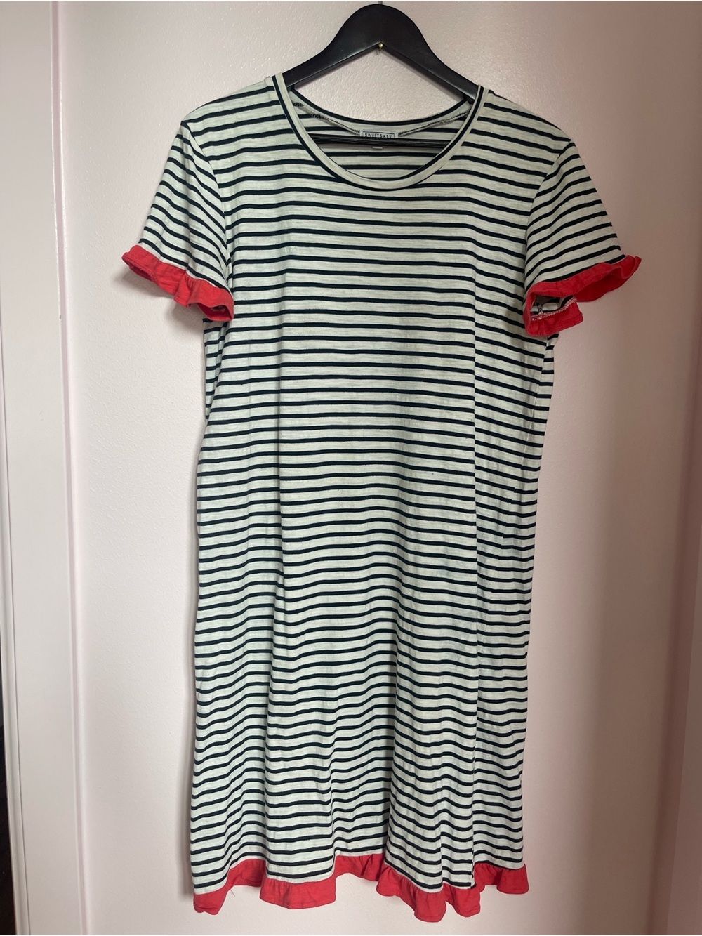 Sweet Salt Modest Clothing Striped Ruffle Trim T-Shirt Dress Navy White Red L